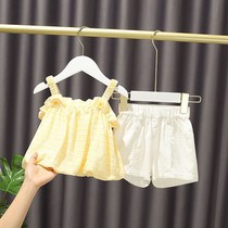 Female baby summer suit 2021 new girl net red suit Foreign style childrens summer Korean version of the suspender two-piece set
