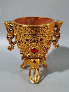 ◇鶴鳴堂◇中国・時代物 古銅 鍍金 象嵌寶石 江山永固酒杯 極細工