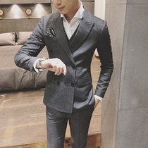 Mens double-breasted suit Mens suit Professional formal casual summer slim-fit striped groom wedding suit men qz
