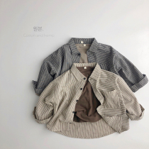 Roar looks bi-in-money ~ morandi childrens Korean version striped shirt open blouse cotton linen jacket sen ocean gas tide