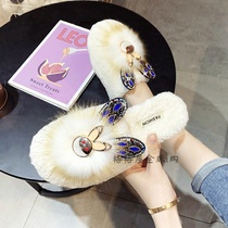 Japanese and Korean rabbit ears hairy slippers womens Japanese autumn and winter New cute flat outside wear fashion bag half slippers