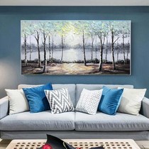 Pure hand-painted oil painting modern light luxury living room sofa background wall hanging painting horizontal version of birch forest landscape knife painting hanging painting