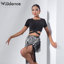 WJJdance Latin dance top womens 2021 new mesh V-neck waist cross belt national standard practice clothes summer