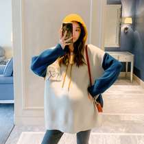 Pregnant womens sweater long autumn and winter clothes loose Korean version of large size tide mother knitted hooded top age belly autumn clothes