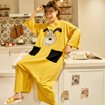2021 new spring and autumn pajamas womens pure cotton long-sleeved cartoon can be worn outside pregnant womens one-piece night dress home clothes summer
