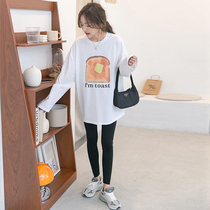 Pregnancy Woman Dress Spring New Cartoon Print Minus-Age Long Sleeve Round Collar T-shirt Foreign Air Loose big code Tide Ma hit undercoat