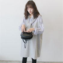 Pregnant women Autumn long sleeve T-shirt medium long skirt with hooded sweater coat cotton fake two autumn dress
