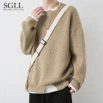 Fake two sweater men autumn winter coat thick tide brand couples sweater autumn lazy wind Mens base shirt