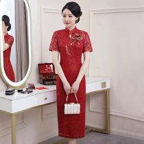 Xi mother-in-law wedding dress noble 2021 summer middle-aged wine red mother wedding lace cheongsam dress foreign style young