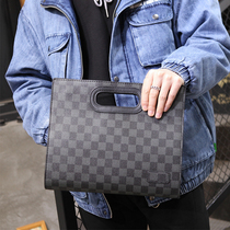 Mens fashion black plaid Hand bag 2021 new mens bag Street trend horizontal clutch bag PU brand new