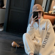 Sports suit womens autumn and winter loose casual fashion can salt sweet high-grade lamb hair plus velvet sweater two-piece set