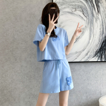 Blue Sport Suit Womens Summer 2022 New Fashion Foreign Air Weight Reduction Casual Display Slim Short Sleeve Shorts Two Sets