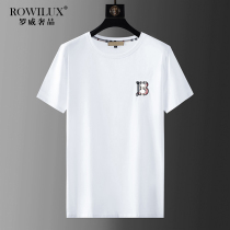ROWILUX luxury embroidery mercerized cotton short-sleeved T-shirt mens summer tide round neck solid color youth half-sleeve base shirt