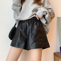 Leather shorts women 2021 new large size loose wide legs thin autumn winter high waist wear autumn shoes pants tide
