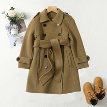 Boys woolen coat childrens woolen medium long double-sided cashmere coat middle and big child girl belt windbreaker childrens clothing