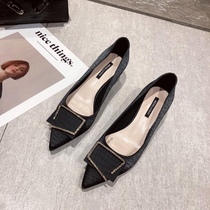 WUXIE French simple temperament pointed head hot drill shallow Bean shoes female professional work rough heel high heels