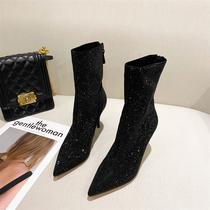 Brand counter discount store wind Winter pointed sheep jingrill patch kitten with short boots female back zipper high heels