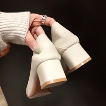 WUXIE Net red small fragrant wind fairy coarse heel high heels square head button shallow mouth professional single shoes