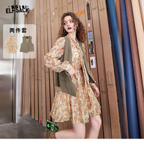 Leprechaun pocket chiffon floral dress womens 2022 fall new vest two-piece set V-neck long sleeve skirt