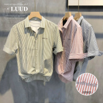 LUUD original light luxury casual striped shirt trendy men simple all-match lapel inch shirt mid-sleeve embroidered shirt summer