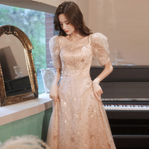Banquet host evening dress dress 2021 New French collar usually wear champagne bridesmaid dress thin