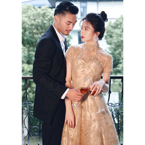 High-end small evening dress female noble engagement banquet celebrity light luxury minority long fairy lace dress autumn