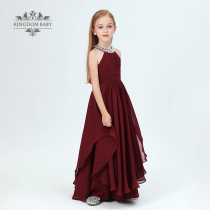 Girls high-end dress off-shoulder big child round lock dress little girl piano orchestral performance dress wine red catwalk