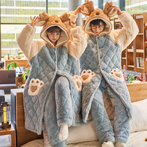 Couple pajamas women autumn and winter day men coral velvet three-layer cotton nightgown plus fleece plus thick flannel style housewear