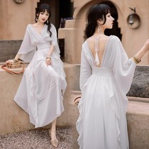 Chiffon dress female summer white seaside vacation sexy halter fairy long dress Sanya travel photo clothes tide