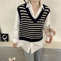 Small man 2021 fashion fried Street summer new Korean version of ins wind vest jacket V collar striped outside knit sweater