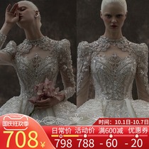 Long sleeve main wedding dress bride 2021 new big tailing female heavy industry French light shoulder court wind Net Red