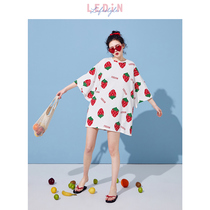 Le Cho strawberry printed dress 2021 new girl pajamas summer night dress female thin home clothes