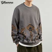 Autumn and winter jacket plus velvet sweater men loose print Korean trend Youth round neck casual long sleeve jacket autumn