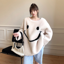 Zhou Mi 2021 new big smiley face all wool sheep cut wool jacket womens sweatshirt loose Thin Thin