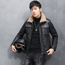 Haining leather leather clothing mens first layer cowhide down jacket Wool lapel motorcycle pilot leather jacket tooling jacket