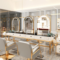 Hairdressing mirror table hair salon cosmetic mirror Net red mirror LED light imitation marble face beauty ironing mirror table