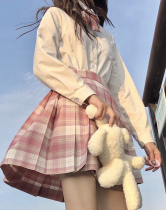 (Raspberry black tea)Rabbit seam JK uniform skirt Cute soft girl college style pleated skirt high waist thin skirt