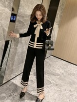 Age thin set foreign style female 2021 spring and autumn fashion sweater temperament casual wide leg pants knitted two-piece set
