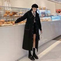 Trench coat womens long model 2021 autumn new black doll collar Korean version over the knee single breasted casual coat coat