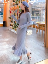 Spring and autumn fluted fishtail skirt slim fit inside with bottom bag hip over knee super long knitted sweater dress women