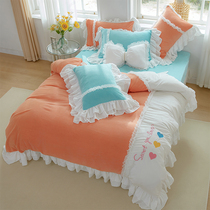 Korean version of coral velvet bed sheets four-piece Princess lace quilt cover thick warm milk fleece single double-sided Velvet