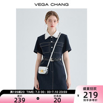 VEGA CHANG Denim Dress Summer Women 2023 New French Lace Doll Collar Shirt Skirt
