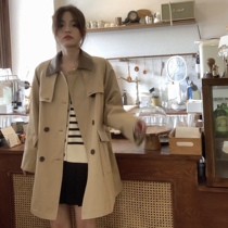 A Sanliang small man Foreign style fashionable loose katqi French leather collar stitching windbreaker double-breasted coat women