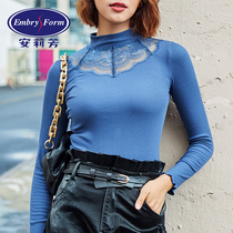 Anlifang slim fit small high collar lace bottom autumn clothes pure color minimalist lady warm coat ED00168