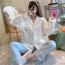 Simple pajamas womens spring and autumn and summer long-sleeved net red burst pure cotton 2021 new cotton home clothes two-piece set
