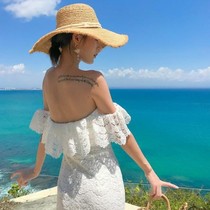 Bali seaside resort one-shoulder beach long dress off-the-shoulder lace dress Travel dress Simple light wedding dress