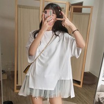 Code mm irregular student Korean lace blouse summer ins loose large version of the new womens short-sleeved T-shirt fresh and fat