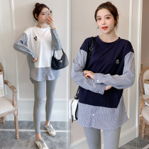 Pregnant women autumn dress fashion new fake two-piece striped stitching shirt T-shirt shirt top small man set tide