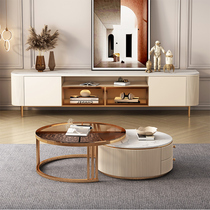 Light Extravagant Rock Board TV Cabinet Tea Table Combination Modern Minima Small family Living room Pole minimalist High-footed wall cabinet round