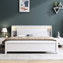 White solid wood bed modern simple light luxury Nordic double bed by 2 m × 220 master bed with bookshelf storage